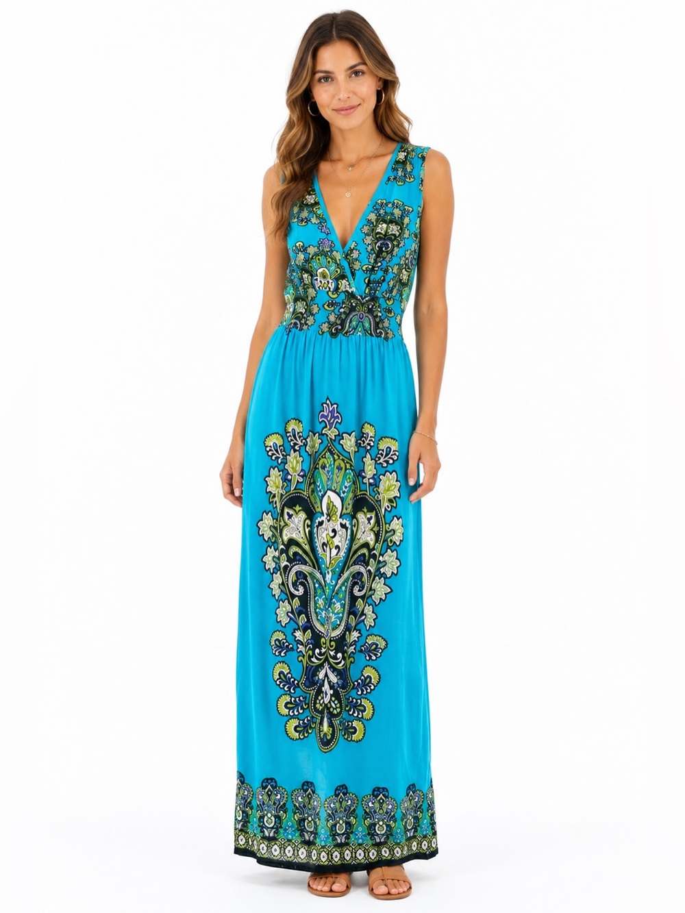 Boho Paisley Maxi Dress Small Turquoise Blue Sleeveless Resort Vacation NWT